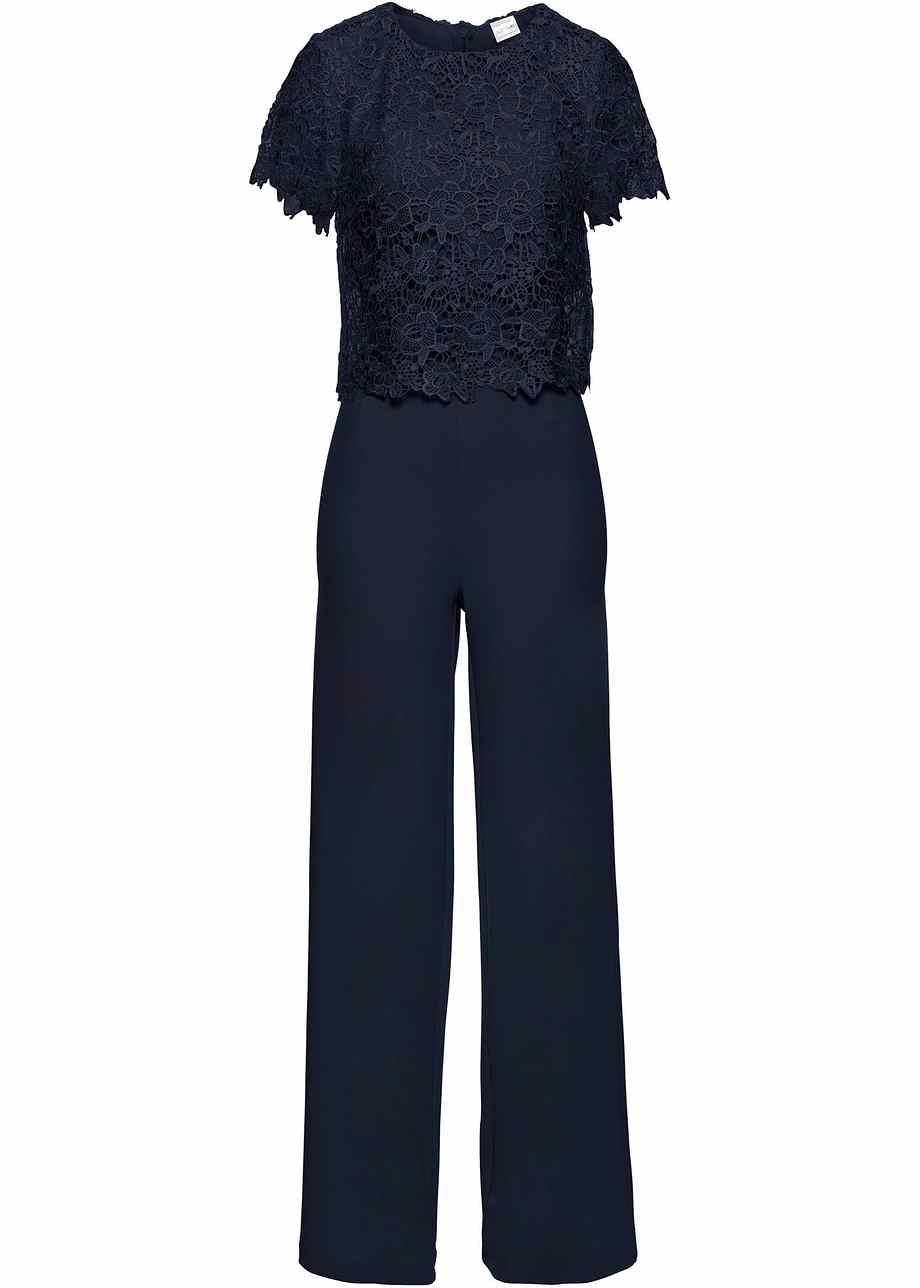 Kurzärmliger Jumpsuit mit Spitze und weitem Bein dunkelblau