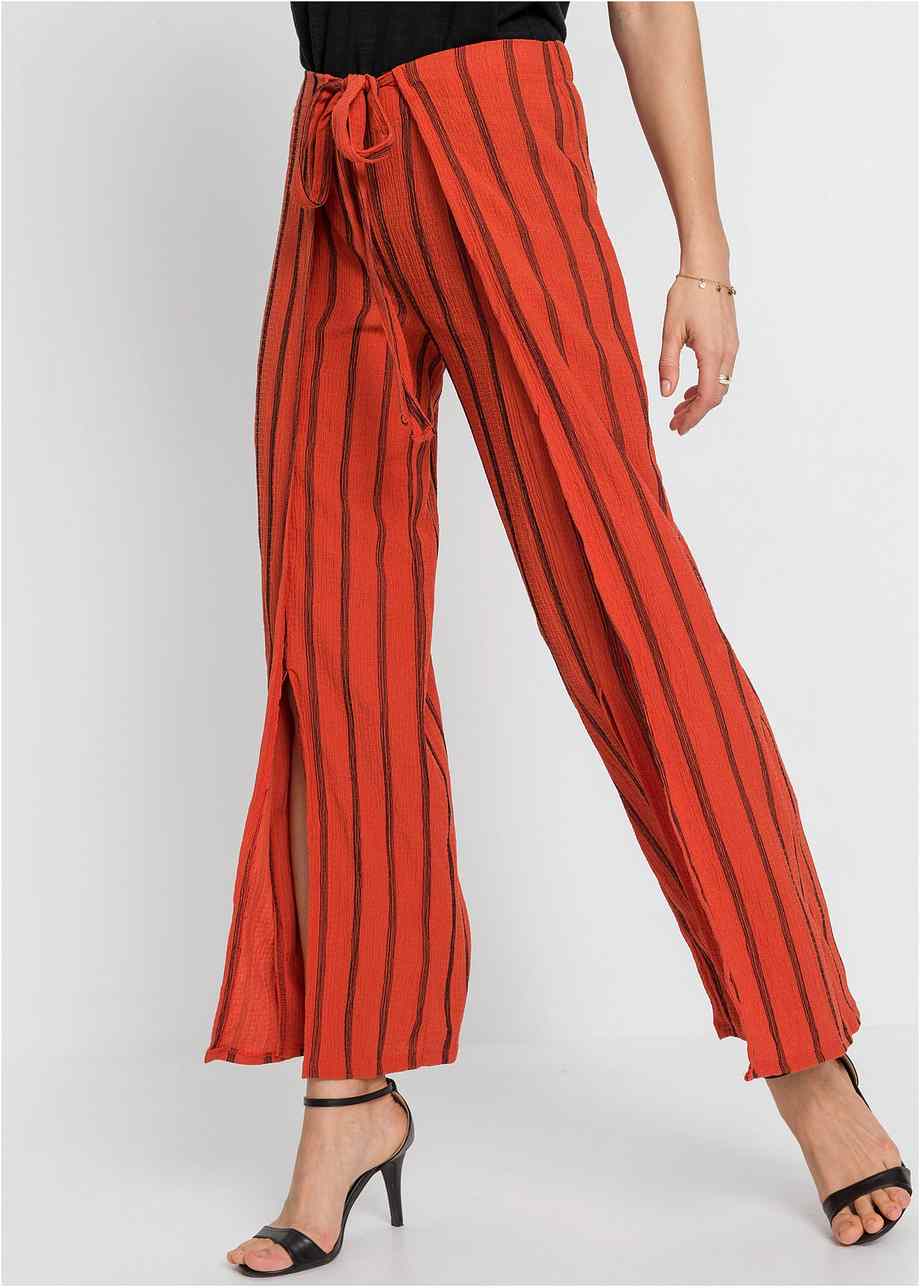 Jersey-Hose mit Schlitz und Bindeband - zimtrot /schwarz gestreift