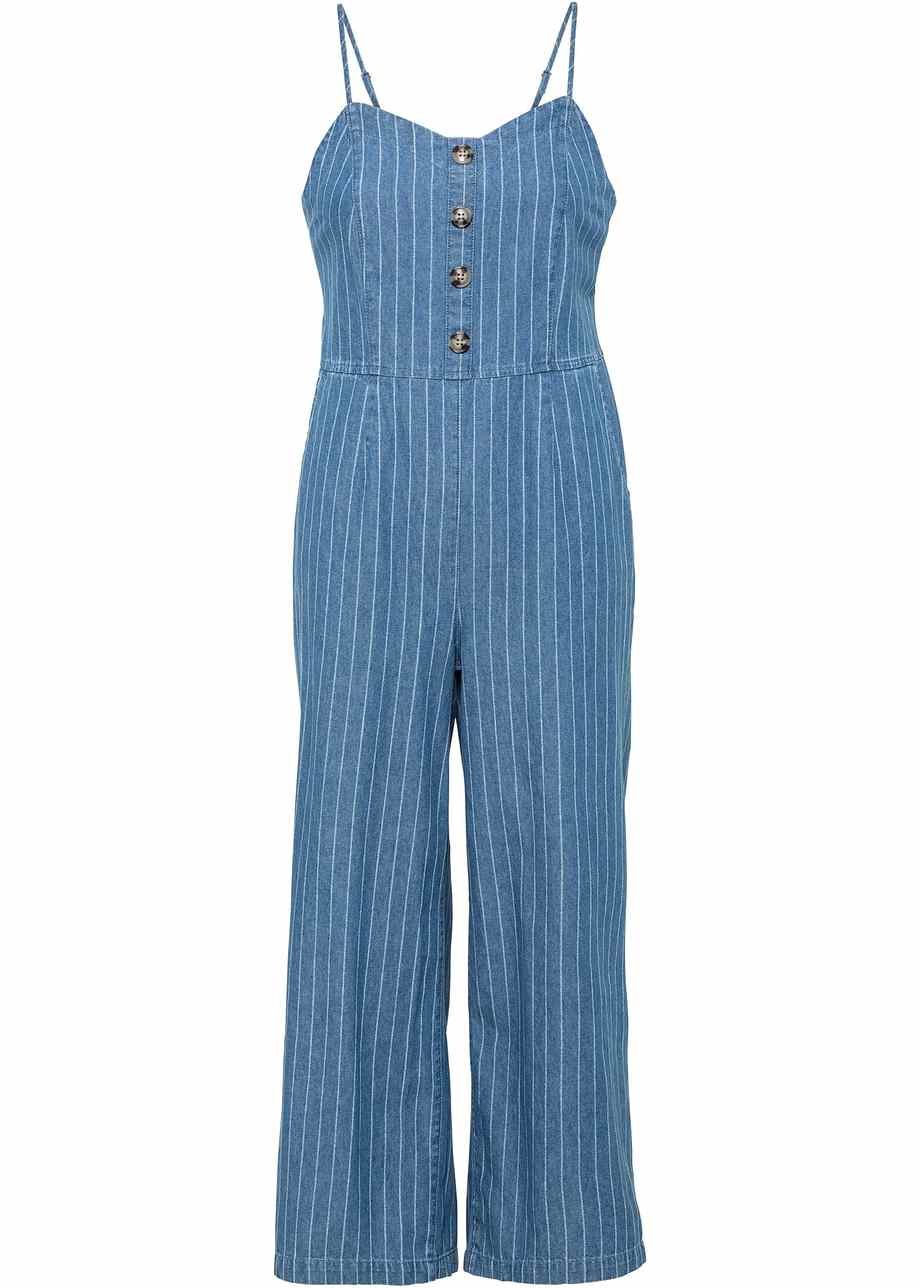 Stylischer JeansJumpsuit mit Streifen blau/weiß gestreift, Kurz