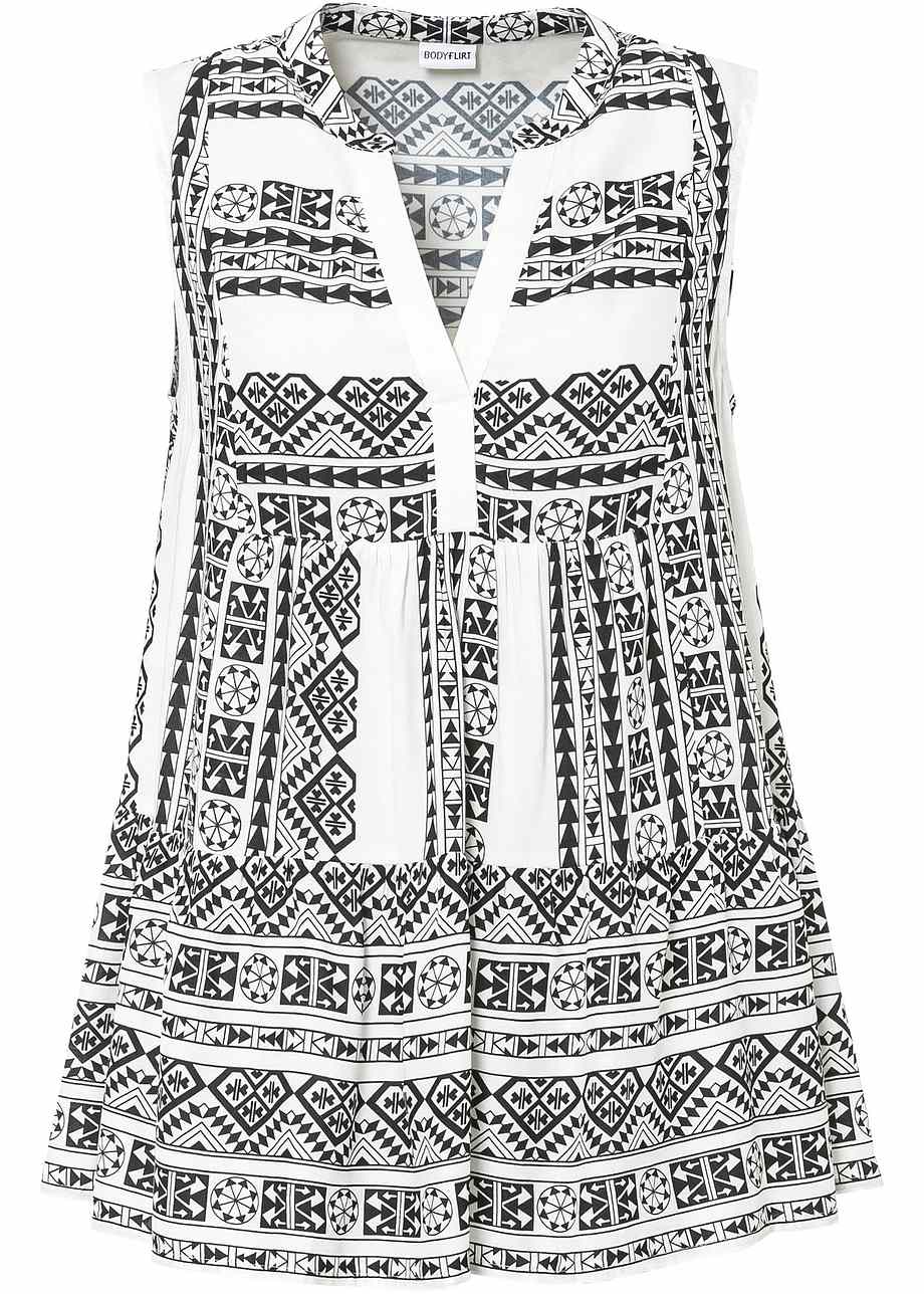 Modernes Top mit Volant am Saum - schwarz/wollweiß bedruckt