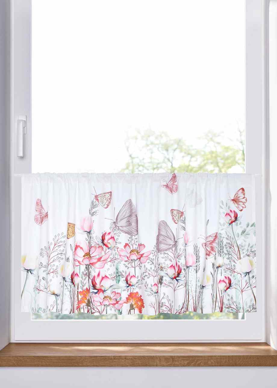 Sommerliche Küchengardine mit Digitaldruck - weiss/rosa/grün, Tunnelzug