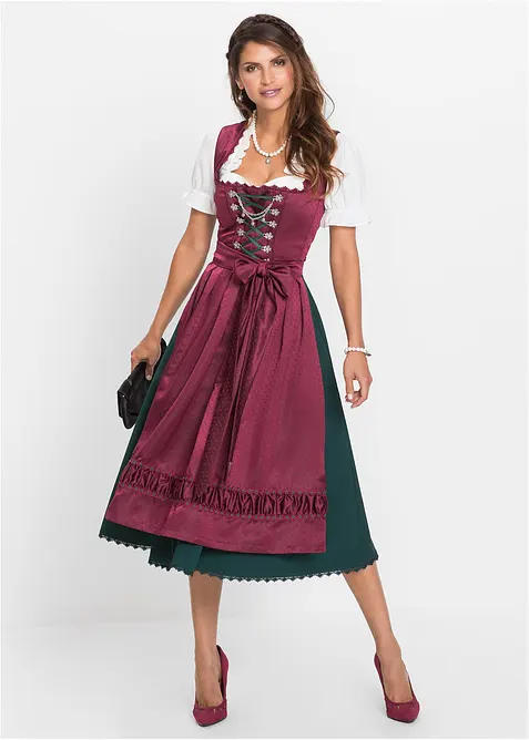 Dirndl mit bestickter Satin-Schürze (2-tlg.Set) in rot im Look von vorne (Totalaufnahme) - bonprix