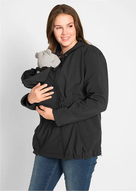 Softshell-Tragejacke / Umstandsjacke, weitenregulierbar in schwarz von vorne (im Anschnitt) - bonprix