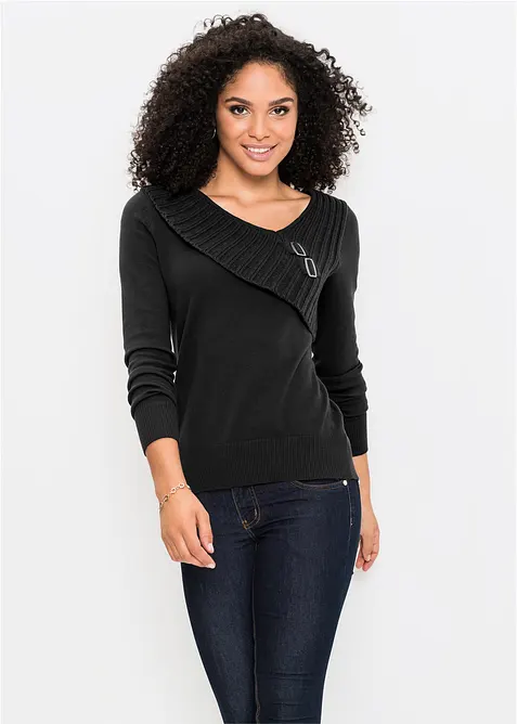 Feinstrickpullover aus Baumwoll-Mix in schwarz von vorne (im Anschnitt) - bonprix
