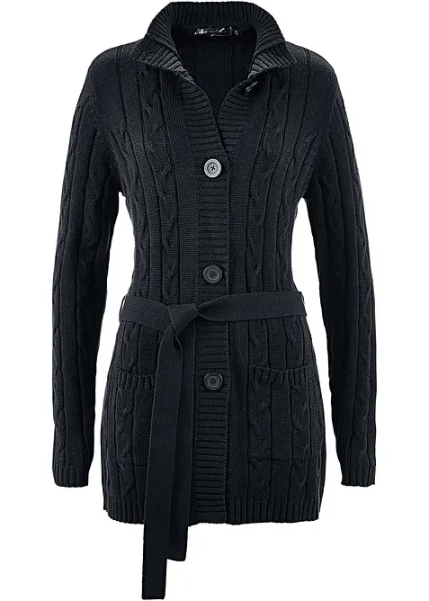 Longstrickjacke aus reiner Baumwolle in schwarz von vorne - bonprix