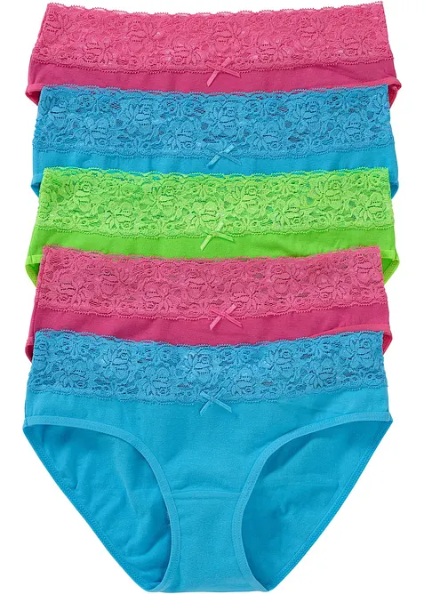 Slip mit weicher Baumwolle und Spitze (5er Pack) in blau von vorne - bonprix