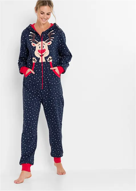 Loungewear Overall aus Sweatware in blau von vorne (Totalaufnahme) - bonprix