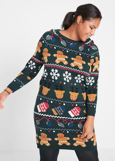Weihnachts-Strickkleid in grün von vorne (Totalaufnahme) - bonprix