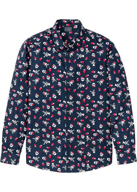 Langarmhemd mit Weihnachts-Druck aus reiner Baumwolle, Slim Fit in blau von vorne - bonprix