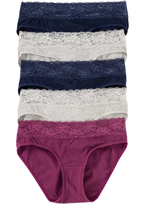Slip mit weicher Baumwolle und Spitze (5er Pack) in grau von vorne - bonprix