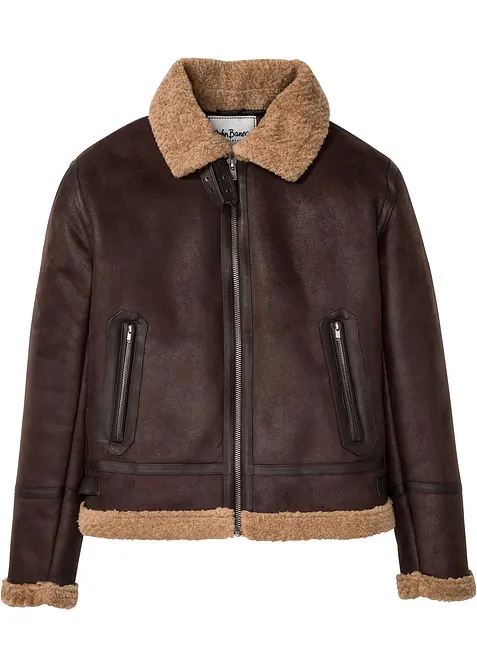 Lederimitat-Jacke mit Teddyfutter in braun von vorne - bonprix