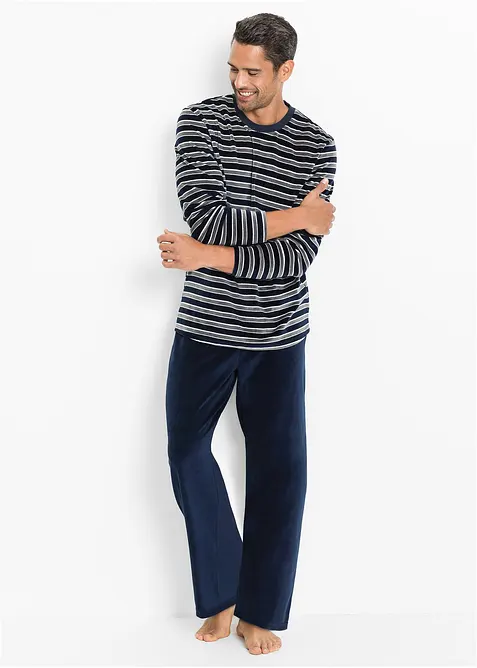 Pyjama aus weichem Nicki-Material mit langen Ärmeln in blau von vorne (Totalaufnahme) - bonprix