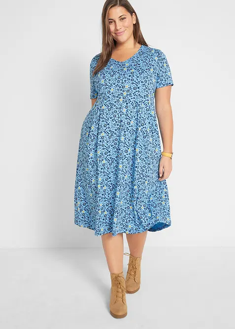 Baumwoll-Jerseykleid, Midilänge in blau von vorne (Totalaufnahme) - bonprix