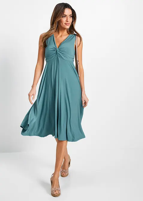 Jerseykleid mit V-Ausschnitt in petrol im Look von vorne (Totalaufnahme) - bonprix