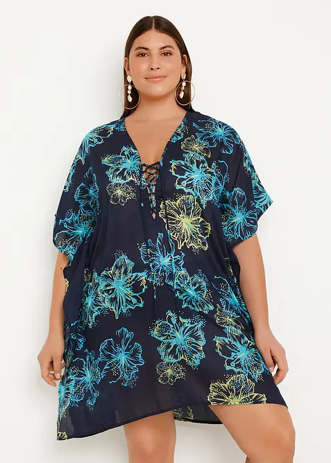 Transparente Strandtunika mit V-Ausschnitt in blau von vorne (Totalaufnahme) - bonprix