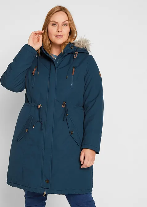 Winterparka mit Fellimitat-Kapuze in blau von vorne (im Anschnitt) - bonprix