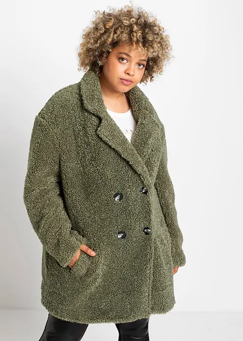Kurzmantel in Teddy-Optik in grün von vorne (Totalaufnahme) - bonprix