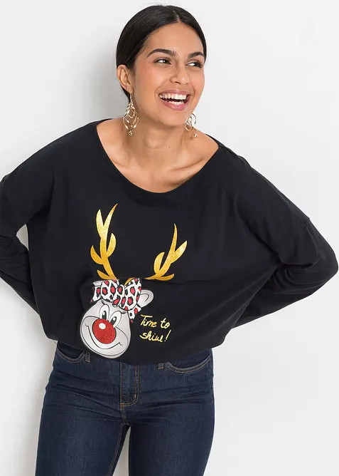 Off-Shoulder-Shirt mit Weihnachtsmotiv in schwarz von vorne (im Anschnitt) - bonprix