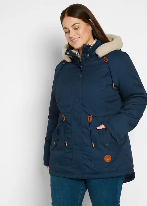 Wattierter Parka mit Fellimitat-Besatz in blau von vorne (im Anschnitt) - bonprix