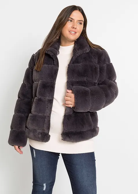 Fellimitat-Jacke mit Reißverschluss in grau von vorne (im Anschnitt) - bonprix
