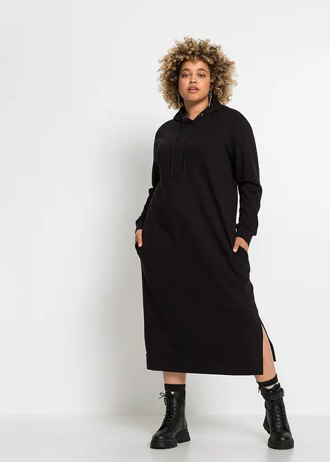 Sweatkleid mit Kapuze in schwarz von vorne (Totalaufnahme) - bonprix