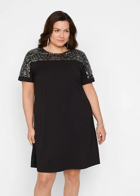 Kleid mit Pailletten-Einsatz in schwarz von vorne (Totalaufnahme) - bonprix