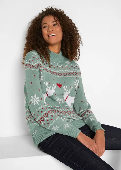 Norweger-Pullover mit Turtleneck in grün von vorne (im Anschnitt) - bonprix
