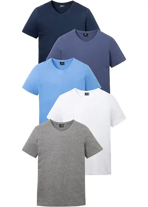 T-Shirt mit V-Ausschnitt (5er Pack) in blau von vorne - bonprix