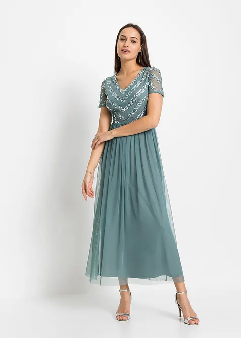 Maxikleid mit Paillettenstickerei in petrol im Look von vorne (Totalaufnahme) - bonprix