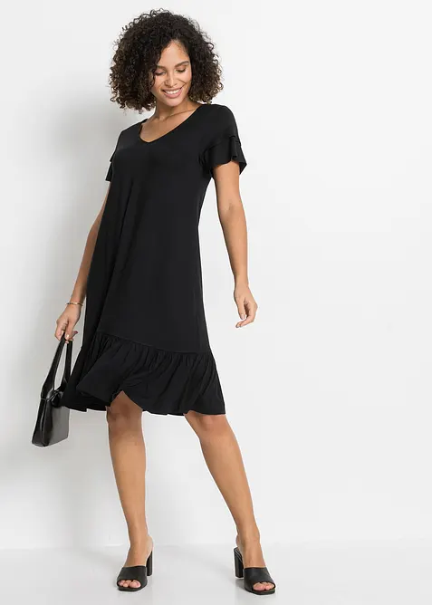 Jerseykleid mit Volant aus Viskose-Mix in schwarz im Look von vorne (Totalaufnahme) - bonprix