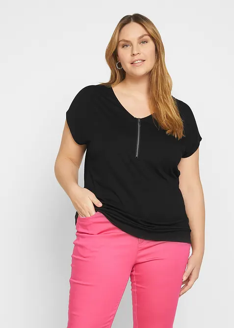 Shirt mit Reißverschluss, Kurzarm in schwarz von vorne (im Anschnitt) - bonprix
