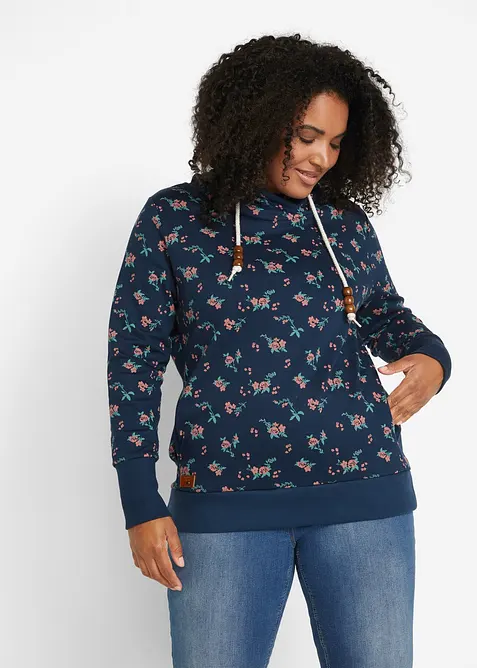 Kapuzensweatshirt mit Kordeln aus reiner Baumwolle in blau von vorne (im Anschnitt) - bonprix