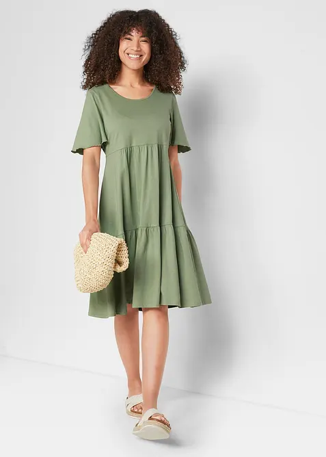 Jerseykleid aus reiner Baumwolle in grün im Look von vorne (Totalaufnahme) - bonprix