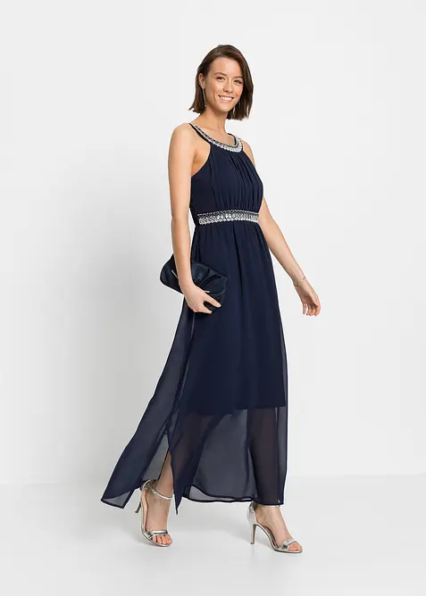 Maxikleid mit Strassstein-Applikation in blau im Look von vorne (Totalaufnahme) - bonprix