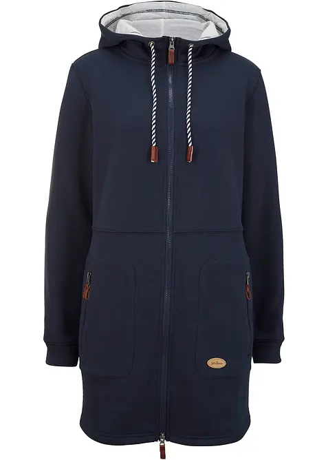 Long-Kapuzen-Sweatjacke in blau von vorne - bonprix