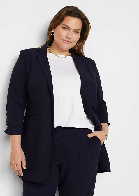 Long-Blazer mit gerafften 3/4-Ärmeln in blau von vorne (im Anschnitt) - bonprix