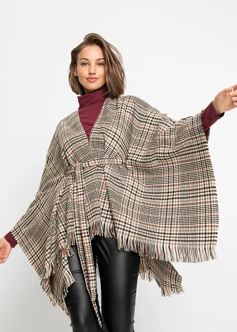 karierter Poncho zum Binden in beige von vorne (im Anschnitt) - bonprix