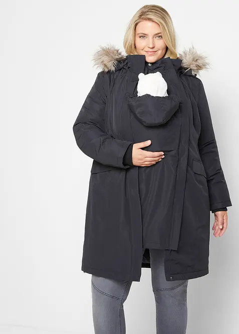 3-in-1 wind-und wasserdichter Umstandsmantel mit Trageeinsatz in schwarz von vorne (Totalaufnahme) - bonprix