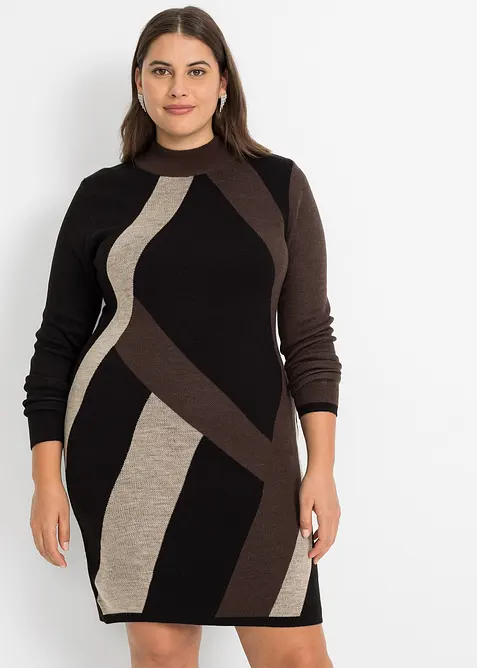 Jacquard-Strickkleid mit modernen Streifen in schwarz von vorne (Totalaufnahme) - bonprix