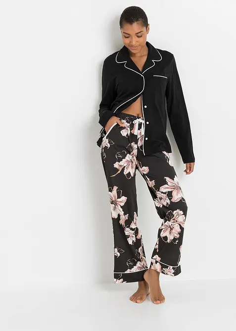 Pyjama mit Knopfleiste in schwarz von vorne (Totalaufnahme) - bonprix