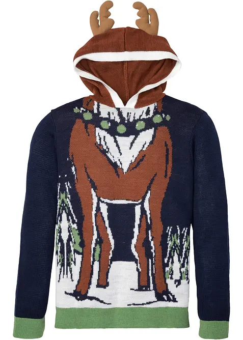 Kapuzen-Pullover mit Weihnachtsmotiv aus recyceltem Polyester in blau von vorne - bonprix