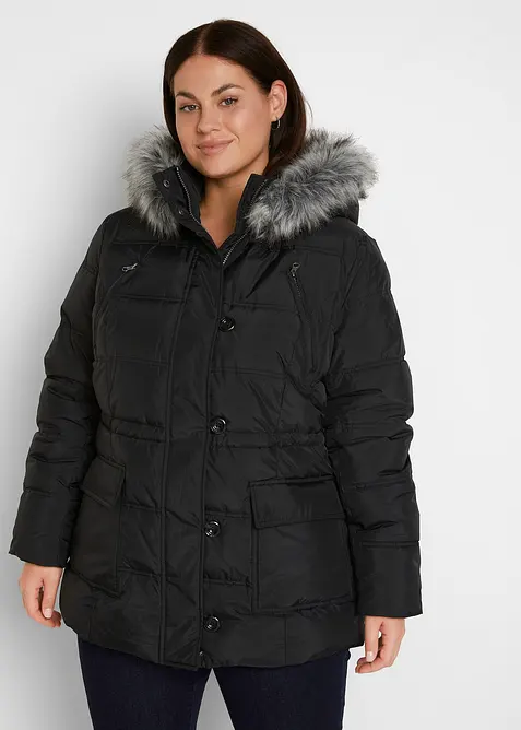 Steppjacke mit Kapuze in schwarz von vorne (im Anschnitt) - bonprix