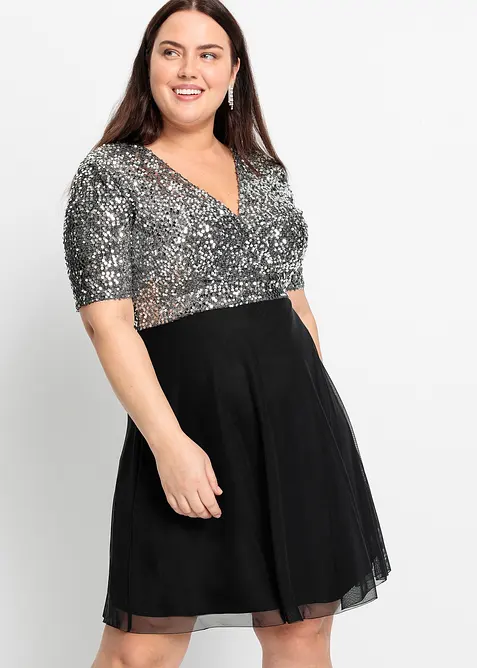 Minikleid mit Pailletten-Oberteil in Wickeloptik in silber von vorne (Totalaufnahme) - bonprix