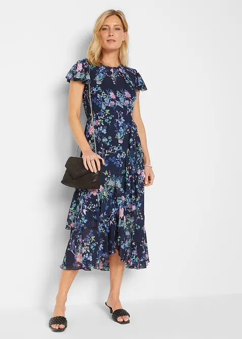 Chiffonkleid mit Flügelärmel in blau im Look von vorne (Totalaufnahme) - bonprix