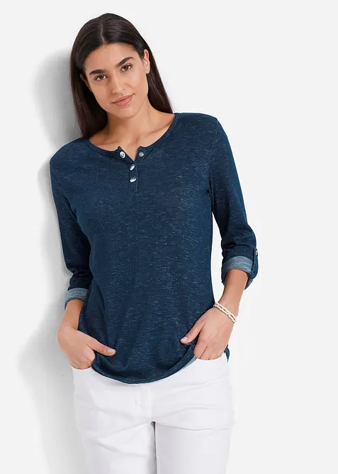 Langarmshirt mit Knopfleiste aus Baumwoll-Mix in blau von vorne (im Anschnitt) - bonprix