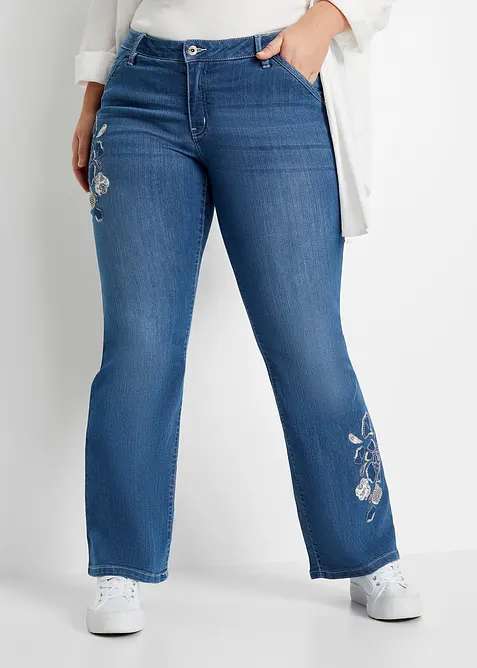 Flared Jeans Mid Waist, Stretch in blau von vorne - bonprix