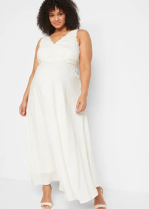 Umstands-Hochzeitskleid aus Spitze, Satin und Georgette in weiß von vorne (Totalaufnahme) - bonprix