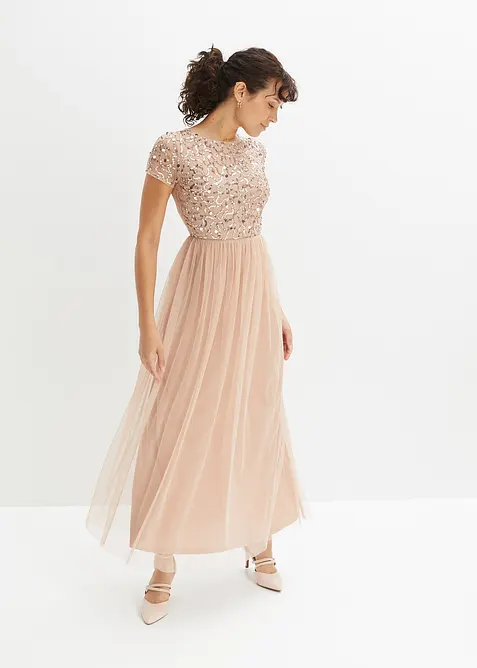 Maxikleid mit Paillettenstickerei in rosa im Look von vorne (Totalaufnahme) - bonprix