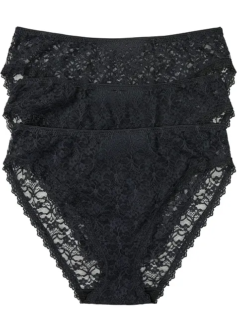 High-Leg Maxislip aus recycelter Spitze (3er Pack) in schwarz von vorne - bonprix