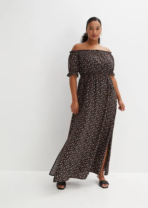 Carmen-Kleid aus reiner Viskose in schwarz von vorne (Totalaufnahme) - bonprix
